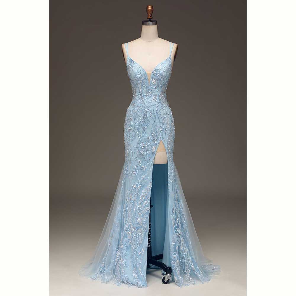 Elegant Satin Evening Gown Split - 우아한 라이트 블루 새틴 여성 이브닝