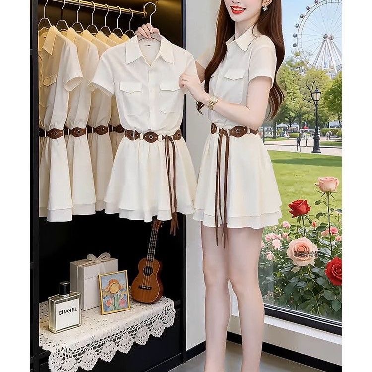 Korean Style A Line Shirt Dress - 한국 스타일 반팔 셔츠 드레스 여성의