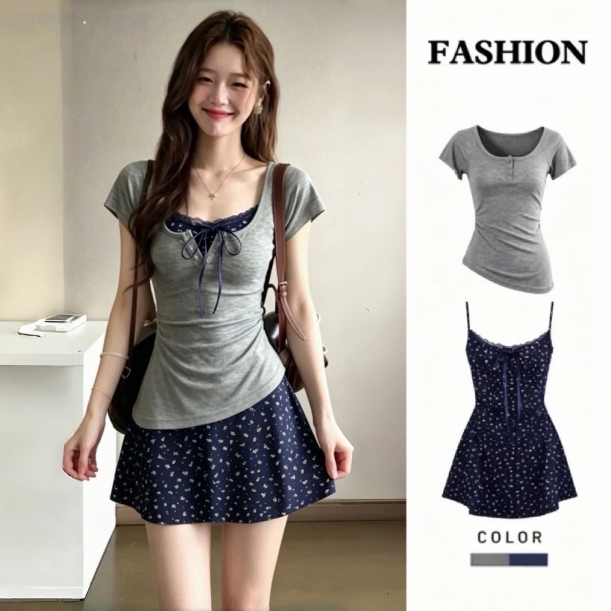 Korean Style A Line Shirt Dress - 여성용 프랑스 우아한 슬림 레이스 미니