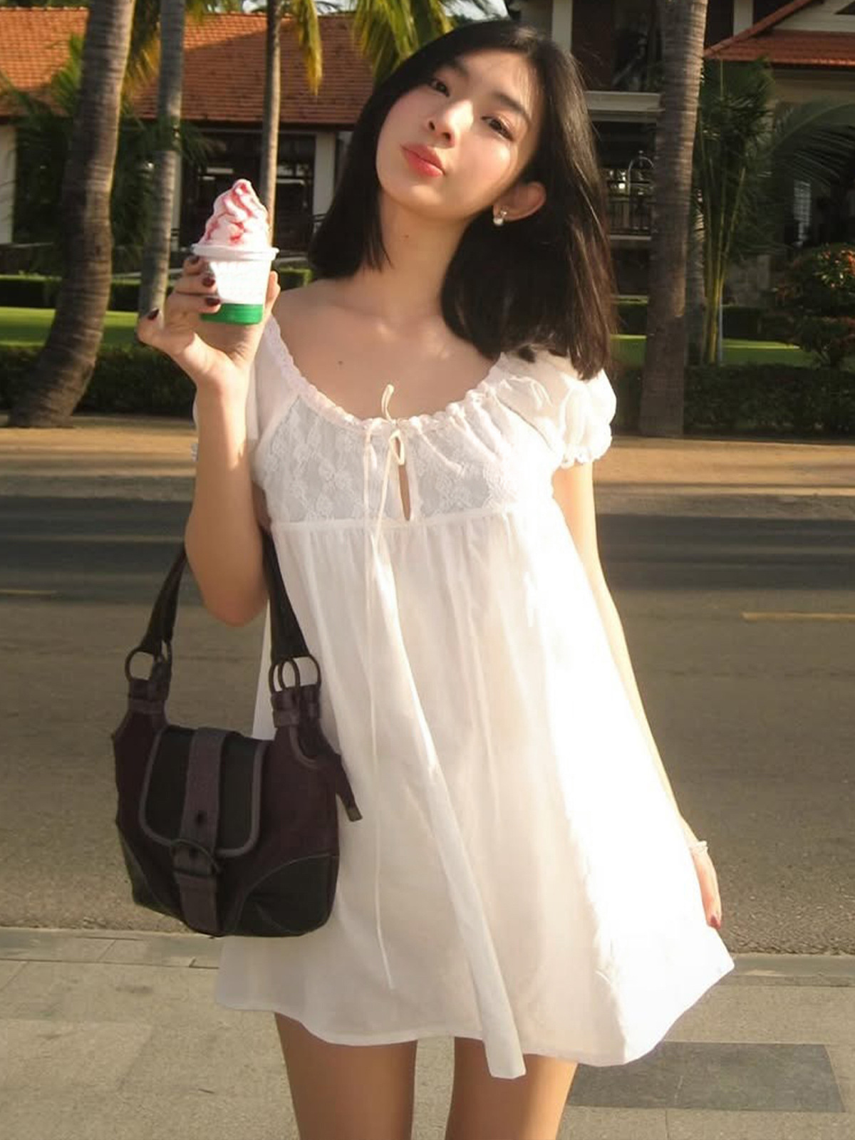 Off Shoulder Puff Sleeve Sundress - 화이트 오프숄더 레이스 베이비돌 미니 드레스