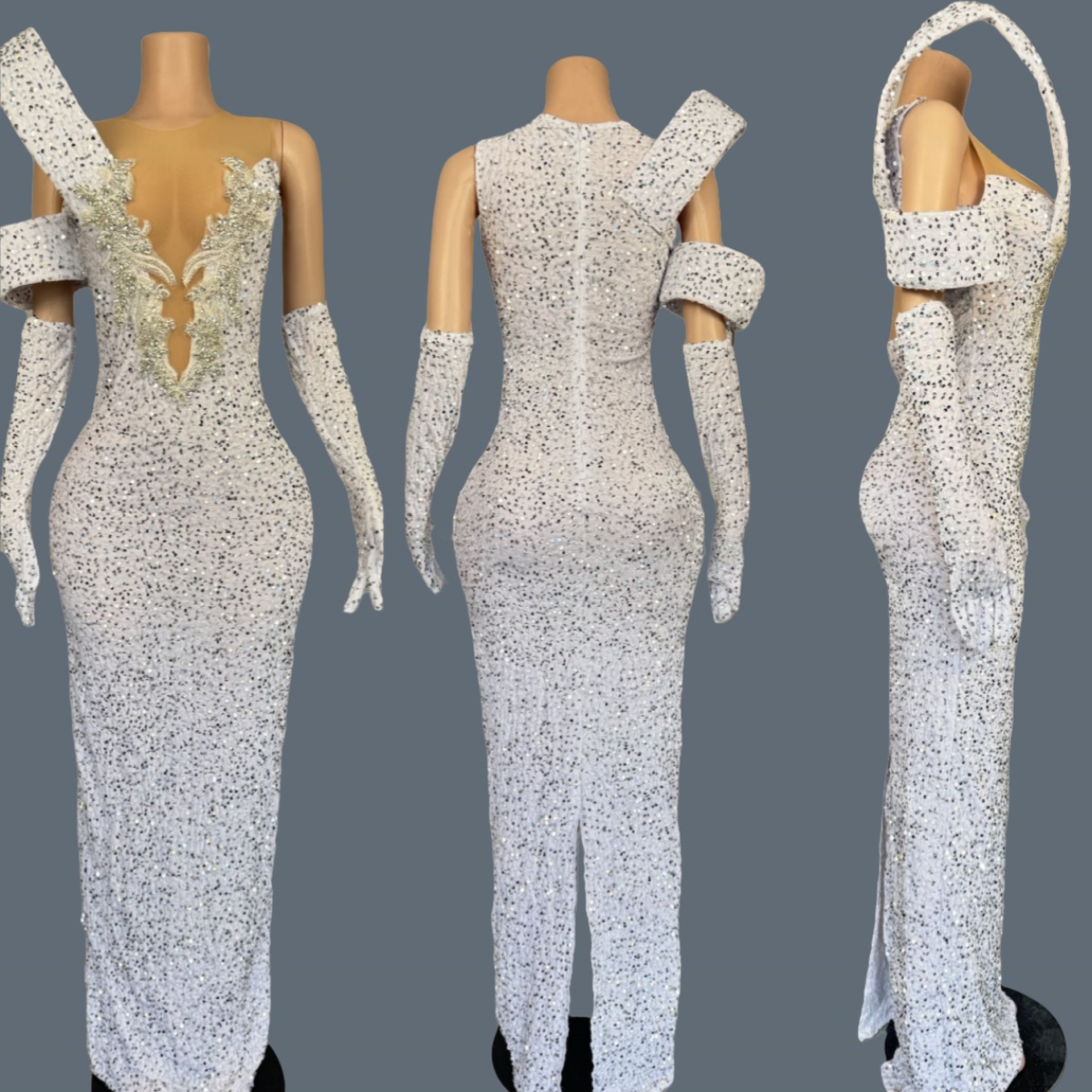 Sparkly Rhinestone Club Party Dress - 반짝이는 라인스톤 딥 V넥 롱 드레스