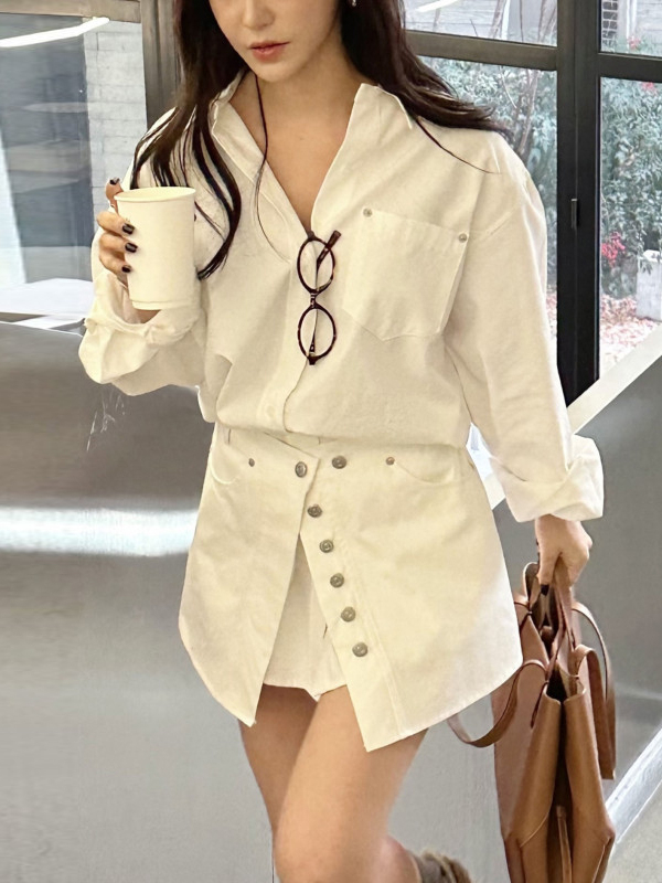 Korean Style A Line Shirt Dress - 화이트 셔츠 드레스 여성 한국 패션