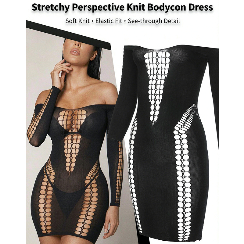 Sexy Mesh Sheer Bodycon Dress - 여성용 시스루 메쉬 긴소매 비치 커버업,