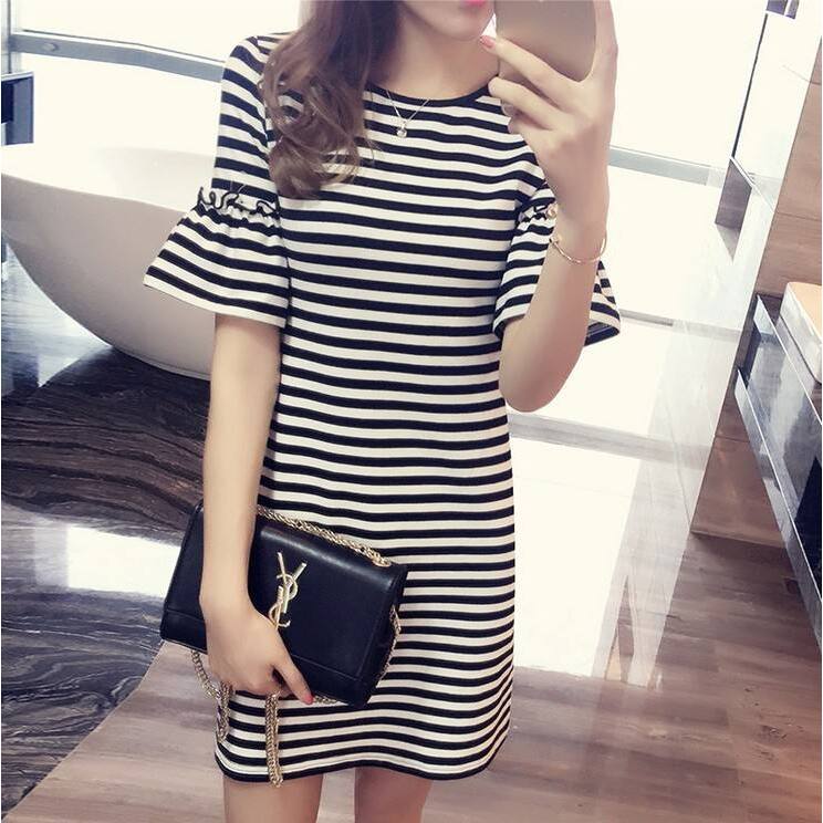 Korean Style A Line Shirt Dress - 여름 스트라이프 드레스 여성용 미디 길이