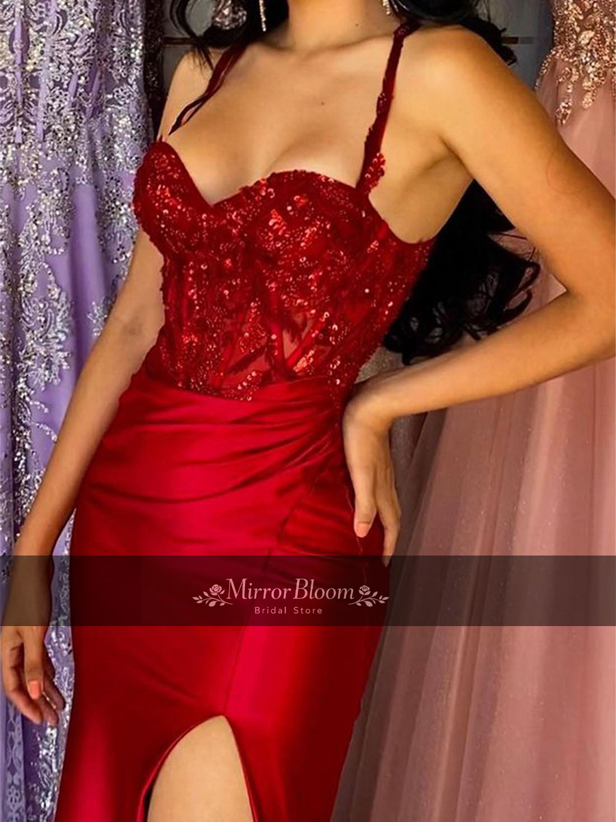 Elegant Satin Evening Gown Split - 맞춤 제작된 우아하고 고급스러운 레드 스파게티