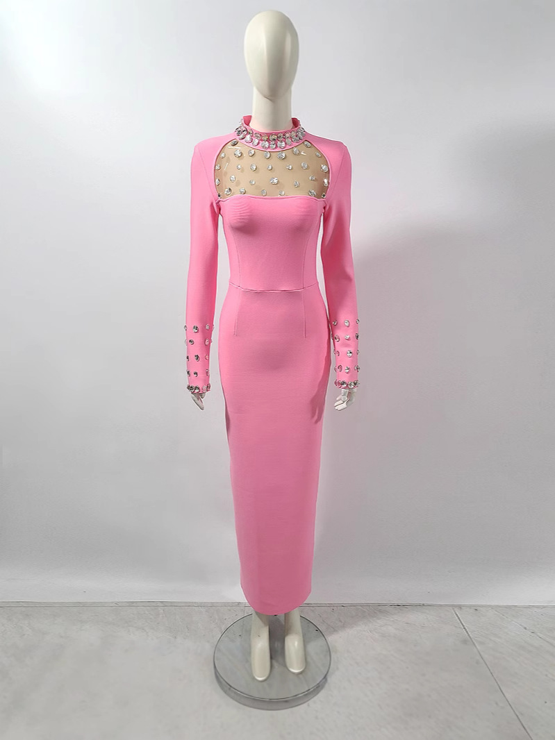 Sparkly Rhinestone Club Party Dress - 여성용 반짝이는 라인스톤 트림 메쉬 컷아웃