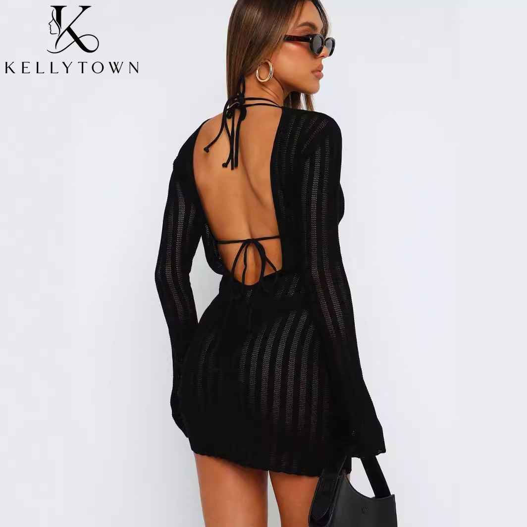 Bodycon Long Sleeve Ribbed Dress - 백리스 드레스 섹시한 골지 니트 미니