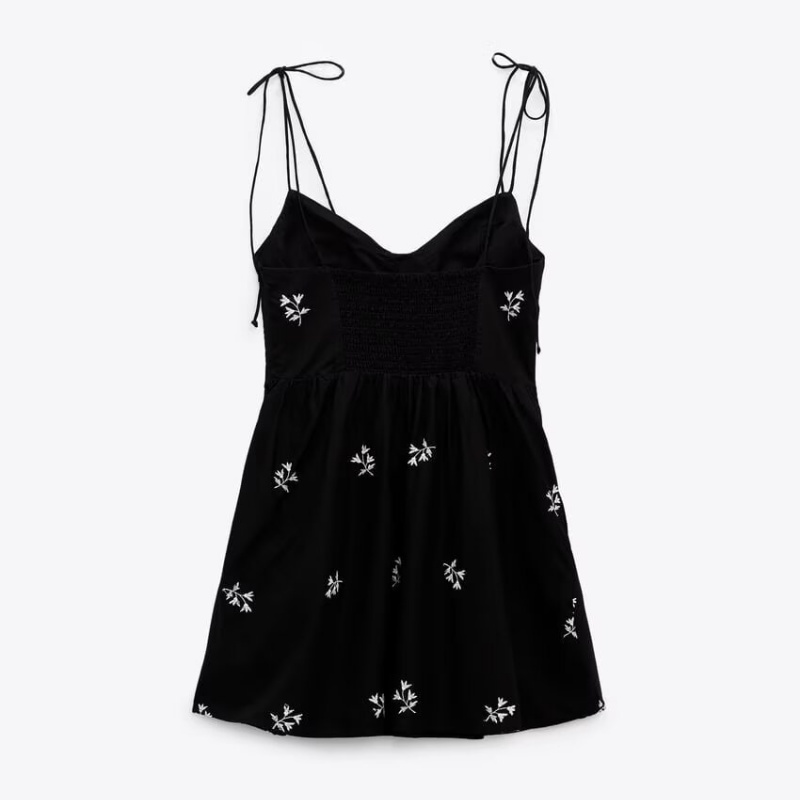 French Vintage Floral Midi Dress - 여성용 블랙 드레스, 태피터, 꽃무늬 자수,