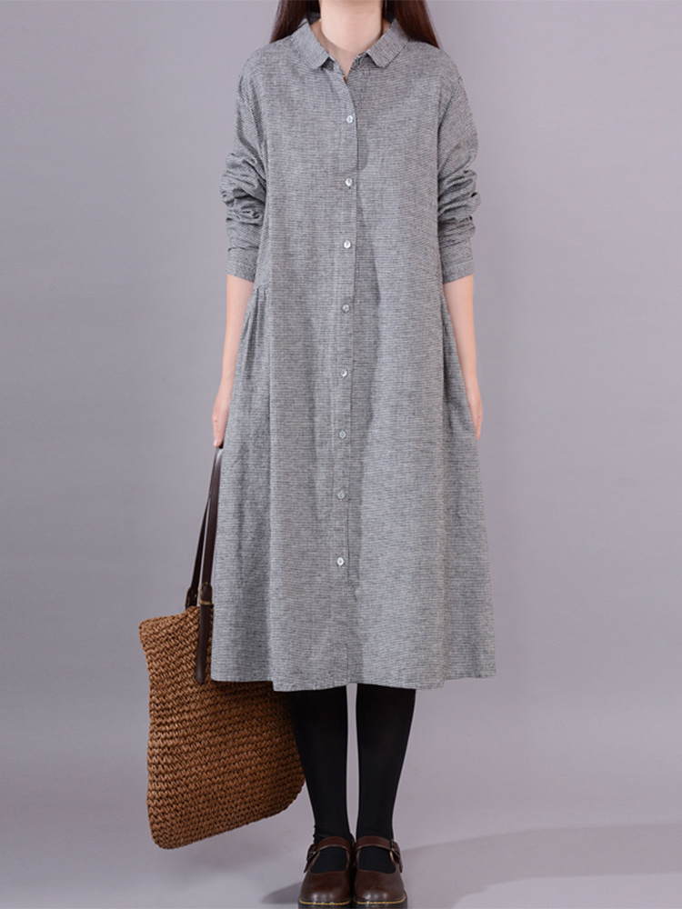 Korean Style A Line Shirt Dress - 여성용 긴팔 코튼 린넨 체크 셔츠