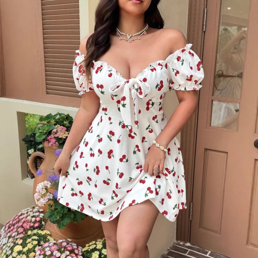 Off Shoulder Puff Sleeve Sundress - 여름 여성 드레스 꽃무늬 프린트 오프