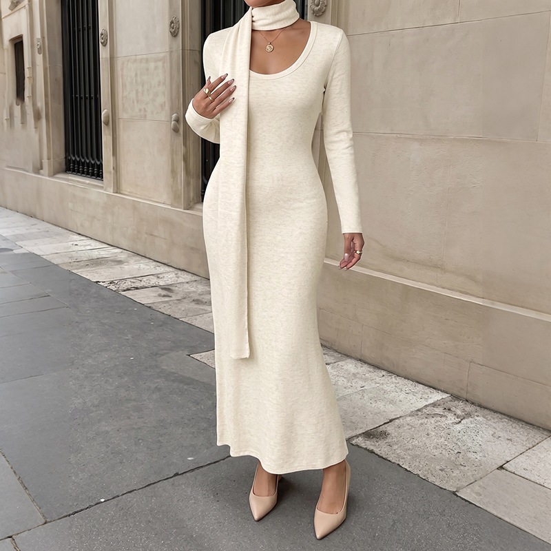 Bodycon Long Sleeve Ribbed Dress - 여성용 우아한 골지 니트 소재의 롱