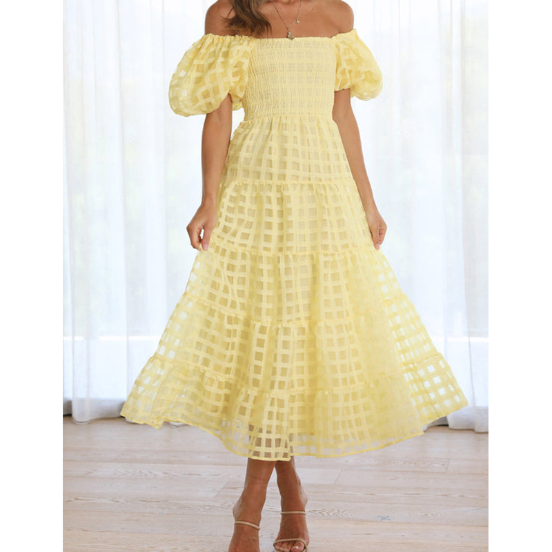 Off Shoulder Puff Sleeve Sundress - 우아한 오프 어깨 여성 여름 긴