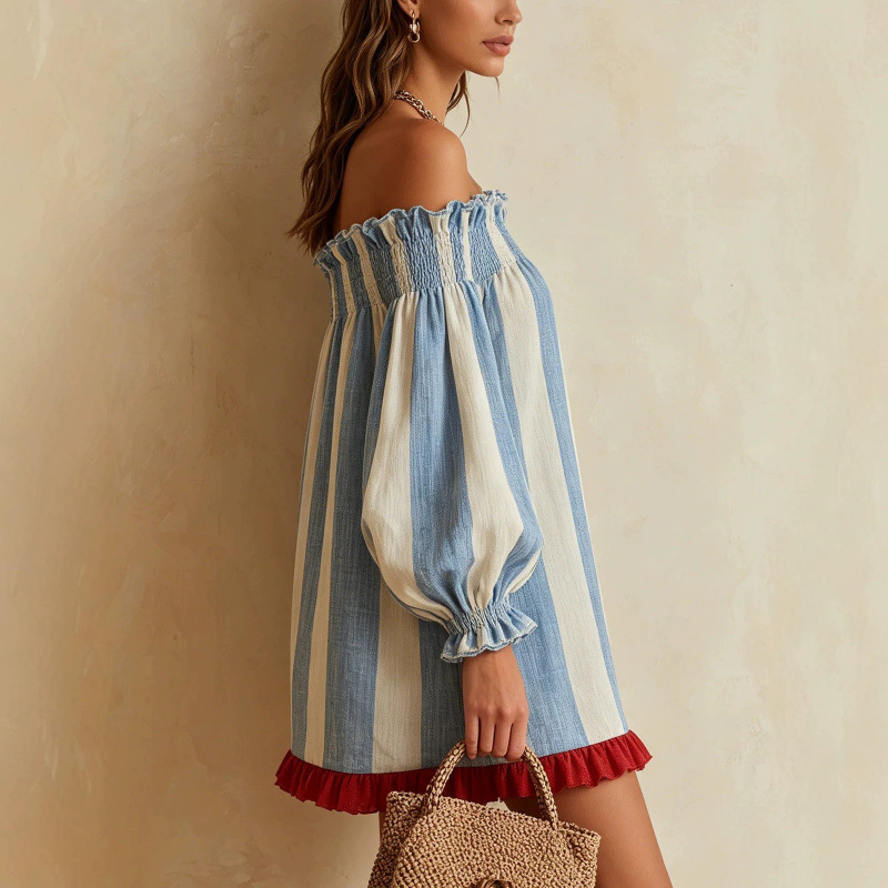 2026 여성 오프 숄더 드레스 블루 베이지 스트라이프 - Off Shoulder Puff Sleeve Sundress 리뷰 및 가격