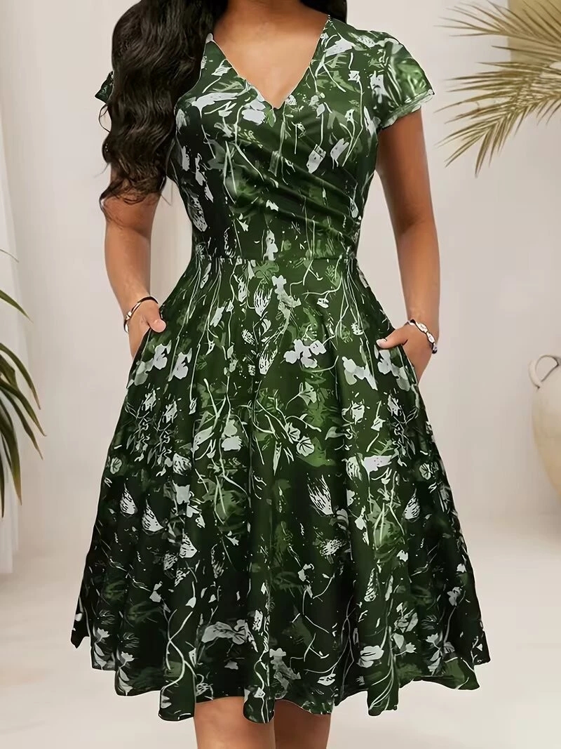 2026 여름 라운드넥 포켓 장식 반팔 트렌디 프린트  - French Vintage Floral Midi Dress 리뷰 및 가격