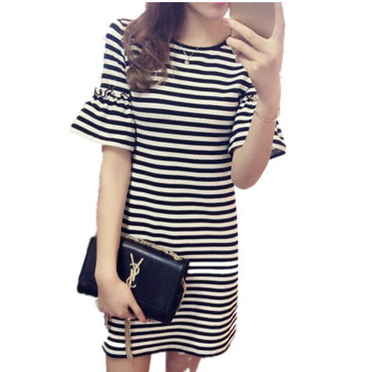 여름 스트라이프 드레스 여성용 미디 길이 반팔 벨 슬리 - Korean Style A Line Shirt Dress 리뷰 및 가격