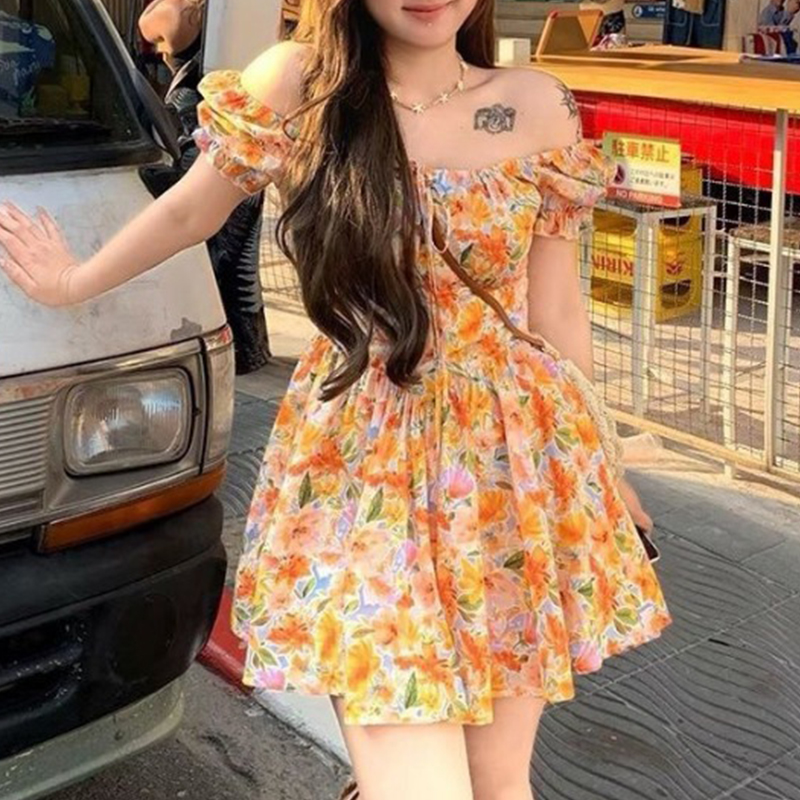 2026 신상 오렌지 플로럴 프린트 오프숄더 미니 드레 - Off Shoulder Puff Sleeve Sundress 리뷰 및 가격