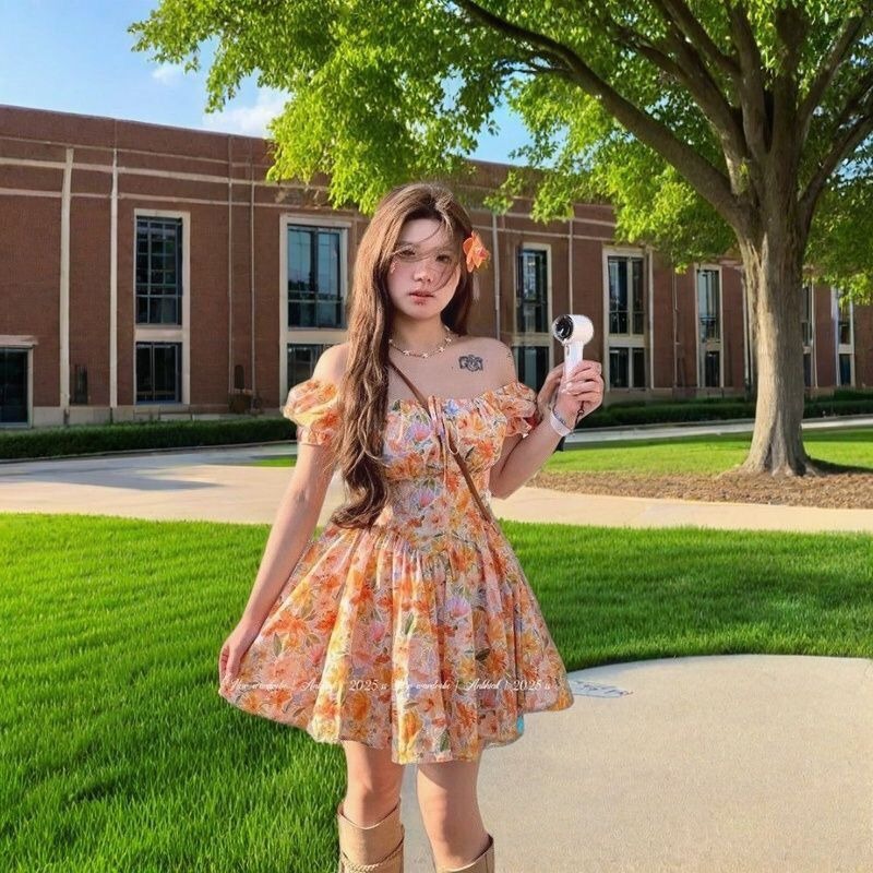 2026 신상 오렌지 플로럴 프린트 오프숄더 미니 드레 - Off Shoulder Puff Sleeve Sundress 리뷰 및 가격