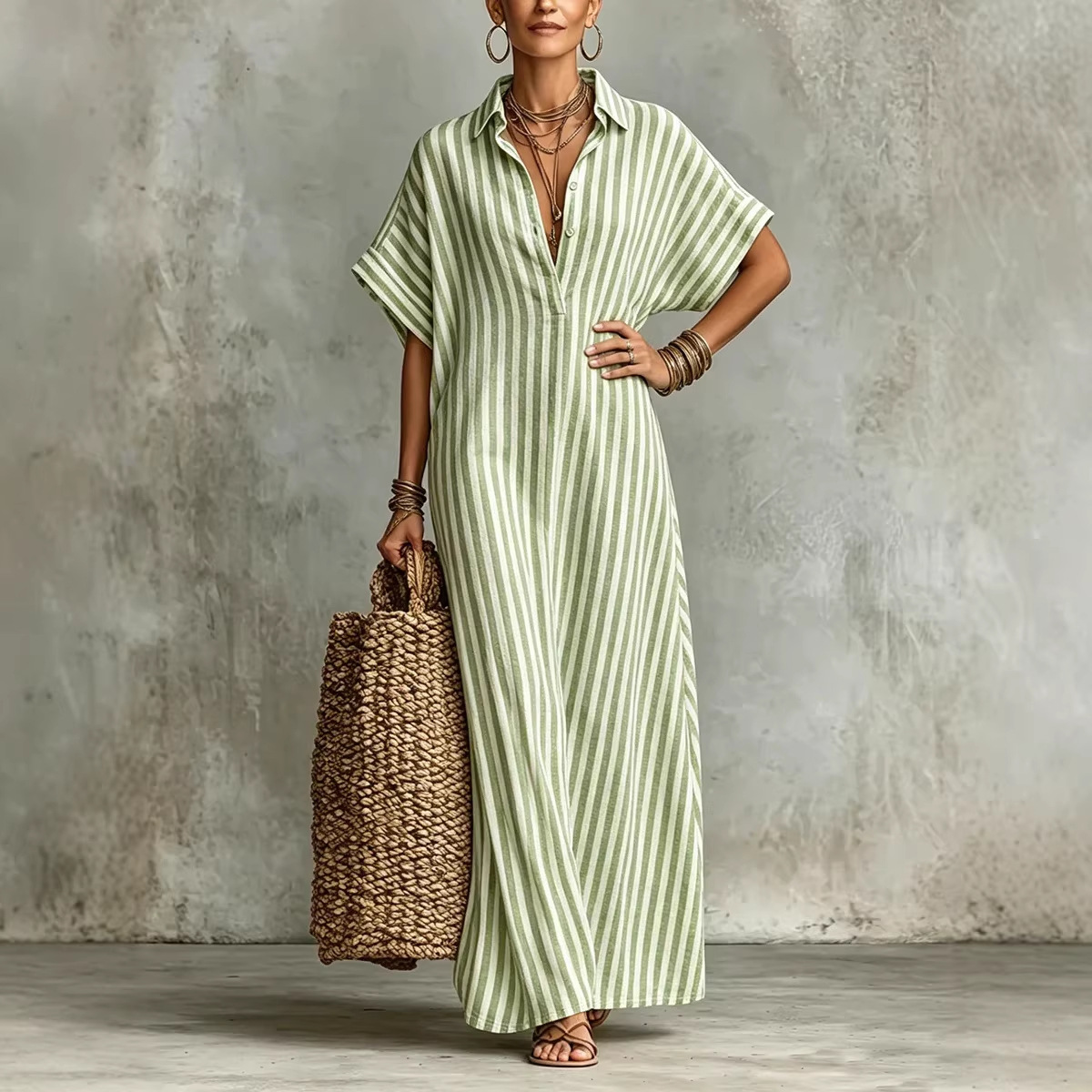 캐주얼 루즈 스트라이프 셔츠 드레스 V넥 긴팔 패셔너블 - Casual Loose Linen Shirt Dress 리뷰 및 가격