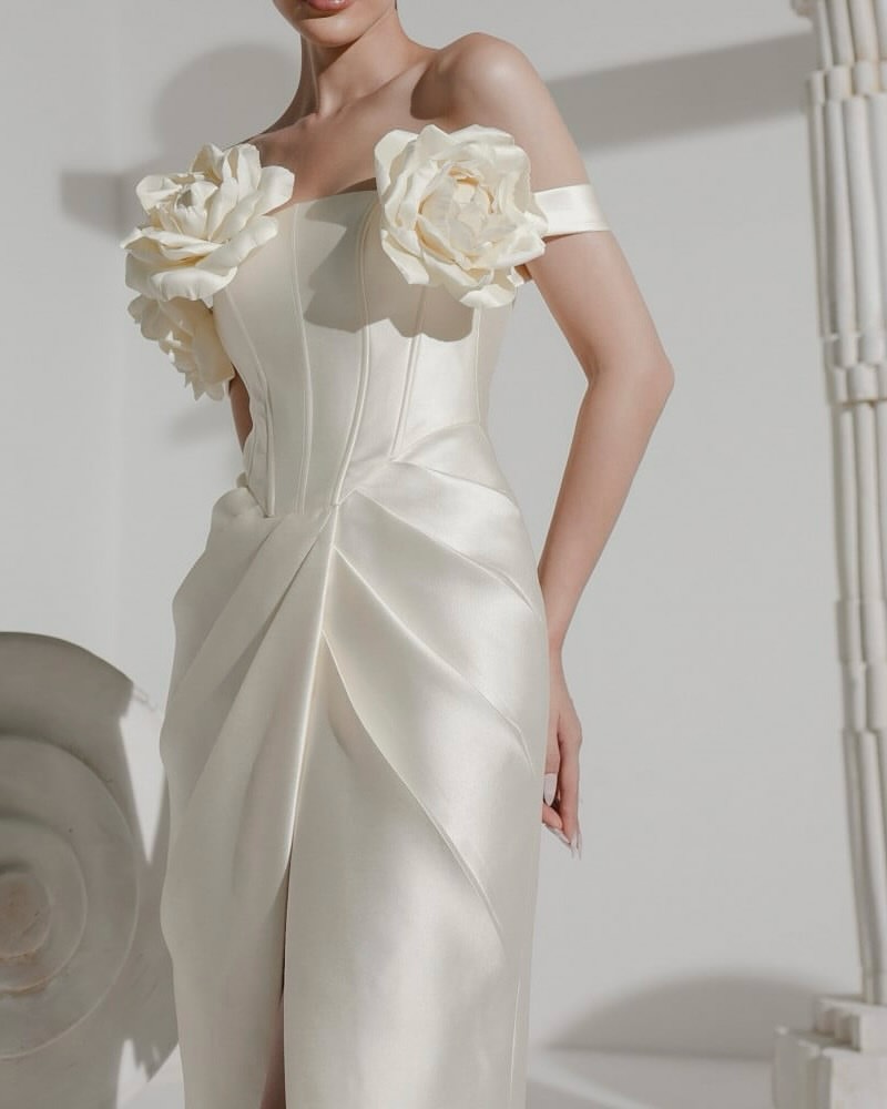 QR 맞춤형 오프숄더 플라워 스플릿 가운 사우디 샤론  - Elegant Satin Evening Gown Split 리뷰 및 가격