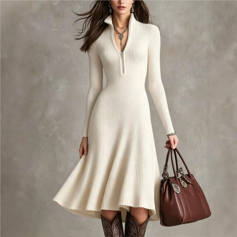 여성용 골지 니트 미디 드레스, 가을/겨울 패션, 하프 - Bodycon Long Sleeve Ribbed Dress 리뷰 및 가격