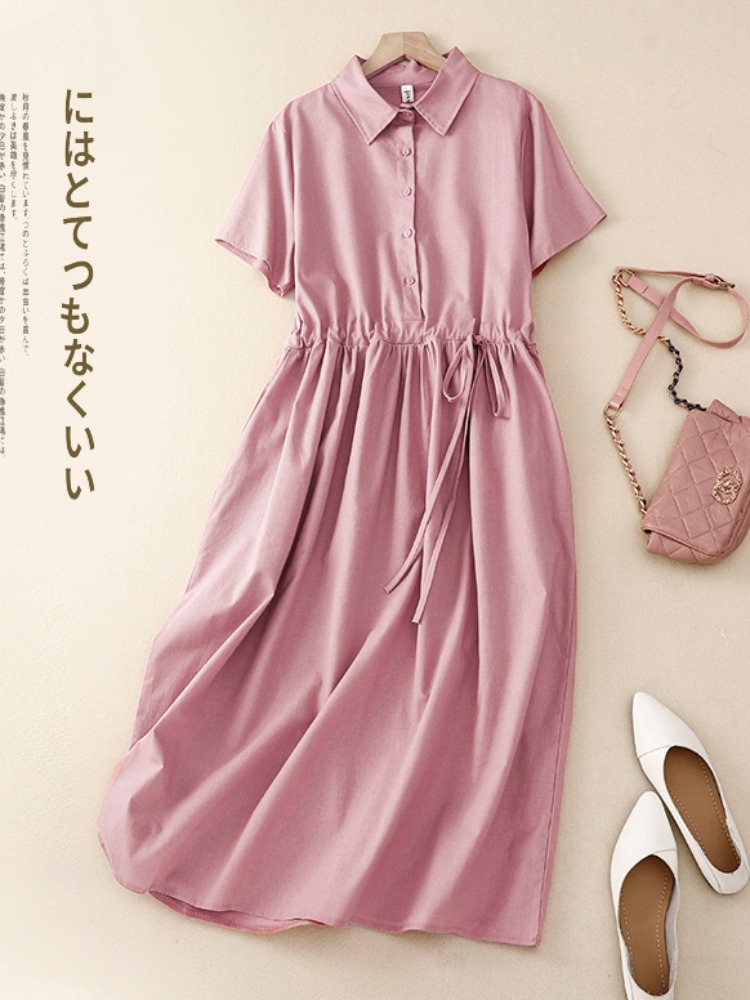 아울렛 코튼 린넨 여성 원피스 여름 우아한 허리 라인  - Korean Style A Line Shirt Dress 리뷰 및 가격
